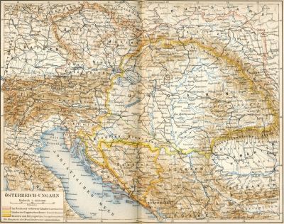 Österrike-Ungern. Meyers Hand-Atlas 1893. Längst i öster ligger utposten Transsylvanien, Siebenbürgen på tyska. 